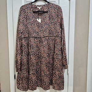 Women's Cotton Bleu Black Orange Leaf Print Long Sleeve Dress 2X